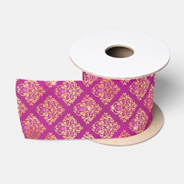 Magenta & Gold Damask Sparkle Pattern Satin Ribbon (Spool)
