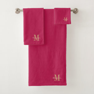 Magenta Gold Initial and Name Personalized Bath Towel Set