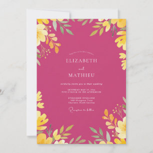 Magenta Gold Leafy Wedding Invitation