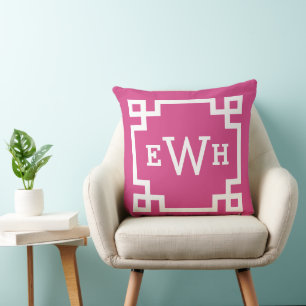 Magenta Greek Key Custom Monogram Initials Throw Pillow