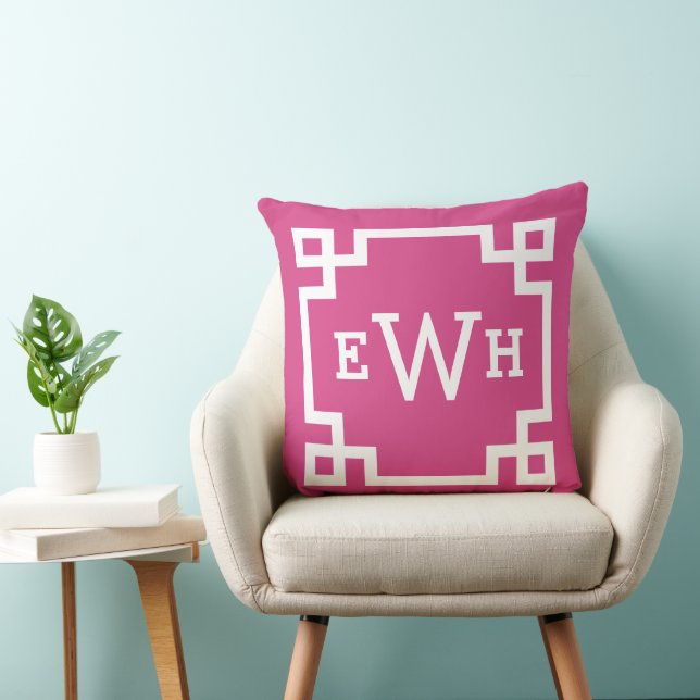 Magenta Greek Key Custom Monogram Initials Throw Pillow (Chair)