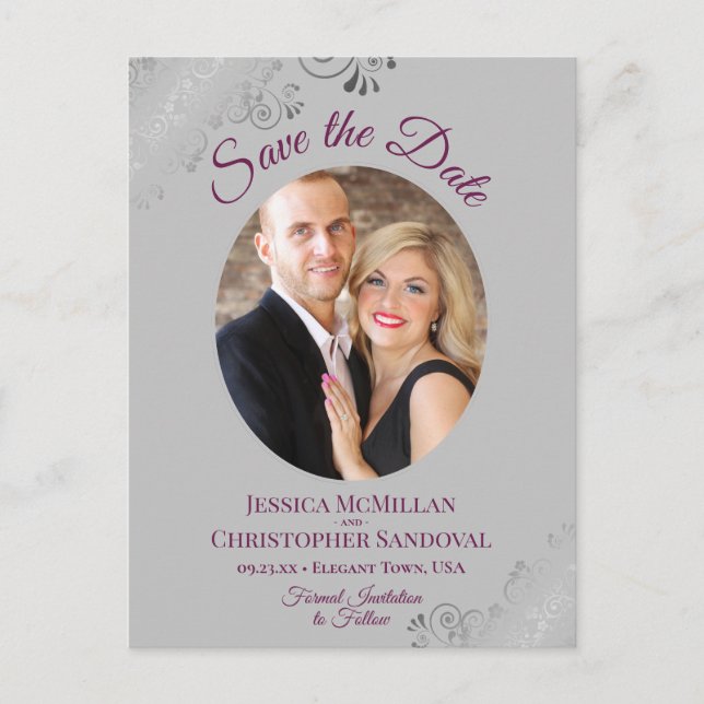 Magenta & Grey Lace Wedding Save the Date Photo Announcement Postcard (Front)