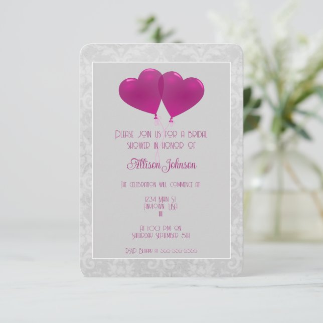 Magenta Heart Balloons Bridal Shower Invitation (Standing Front)