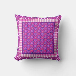 Magenta Hearts and Flowers, Checks and Polka Dots Throw Pillow