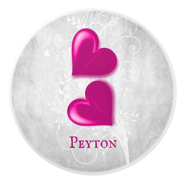 Magenta Hearts Personalized Ceramic Knob (Front)