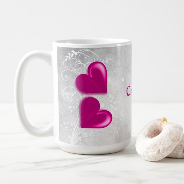 Magenta Hearts Personalized Coffee Mug (With Donut)