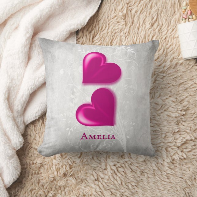 Magenta Hearts Personalized Throw Pillow (Blanket)