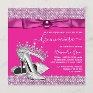 Magenta Hot Pink Diamond Tiara Shoe Quinceanera Invitation
