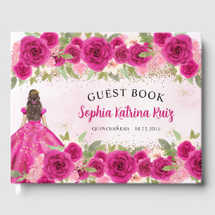 Magenta Hot Pink Gold Floral Princess Quinceañera Guest Book