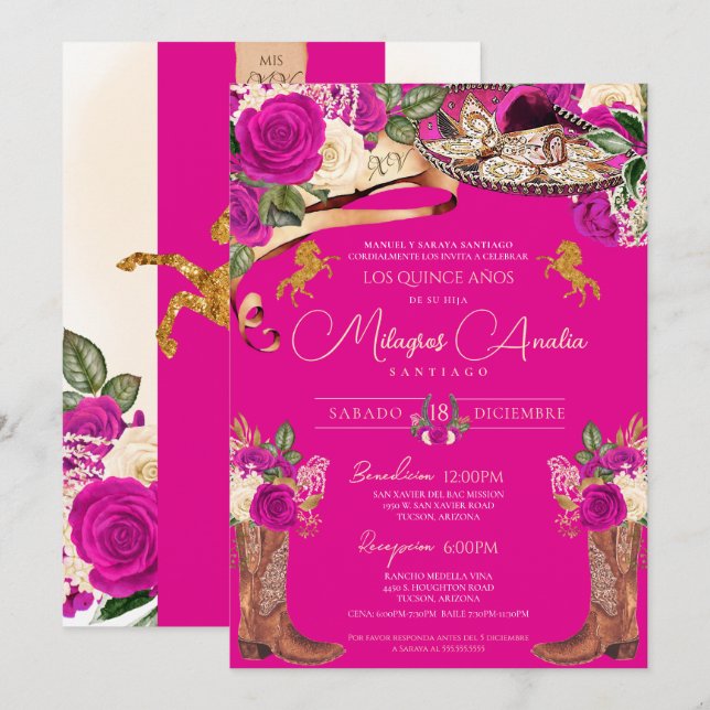 Magenta Hot Pink Roses Fancy Charro Quinceañera Invitation (Front/Back)