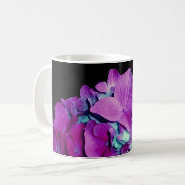 Magenta hydrangea purple floral coffee mug (Front Left)