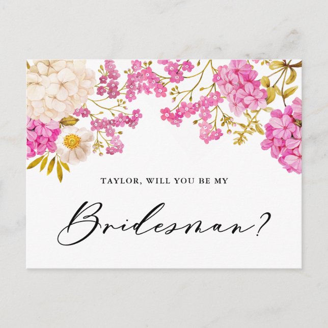 Magenta Hydrangeas Will You Be My Bridesman Card (Front)
