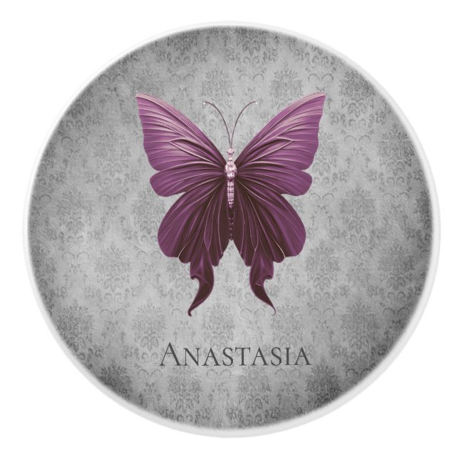 Magenta Jewelled Butterfly Ceramic Knob