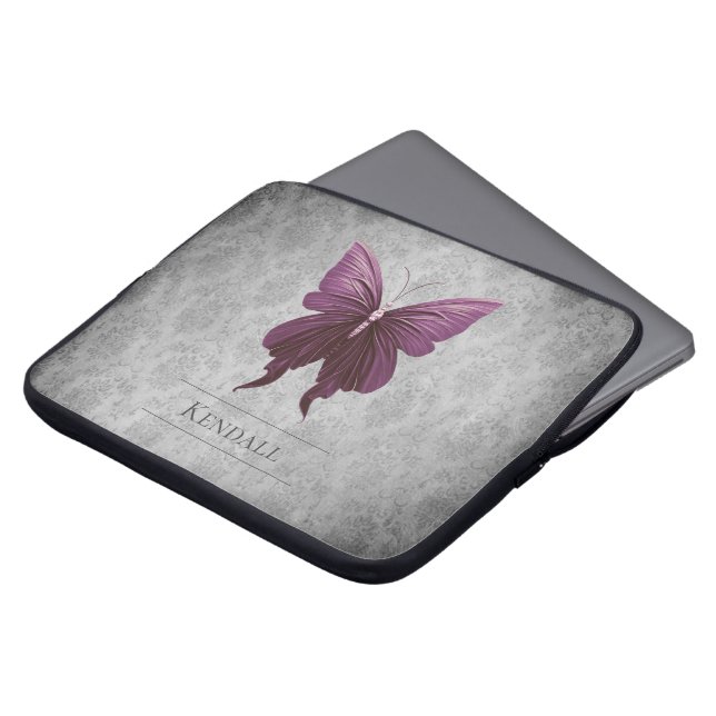 Magenta Jewelled Butterfly Damask Laptop Sleeve (Front Top)
