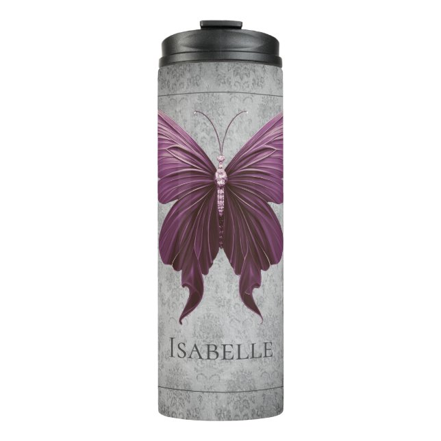 Magenta Jewelled Butterfly Thermal Tumbler (Front)