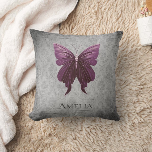 Magenta Jewelled Butterfly Throw Pillow (Blanket)