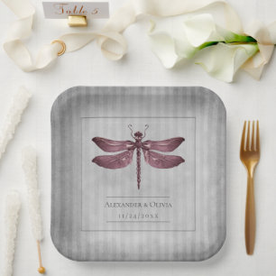 Magenta Jewelled Dragonfly Wedding Paper Plate