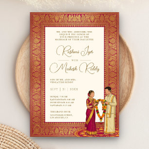 Magenta Kanjeevaram South Indian Couple Wedding Invitation