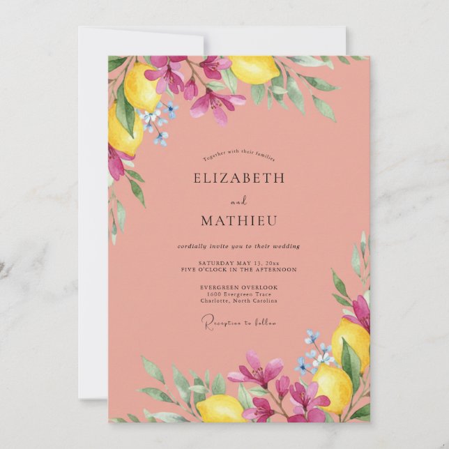 Magenta Lemon Citrus Soft Eucalyptus Wedding Invitation (Front)