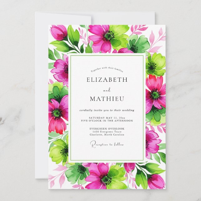Magenta Lime Vivid Botanical Wedding Invitation (Front)