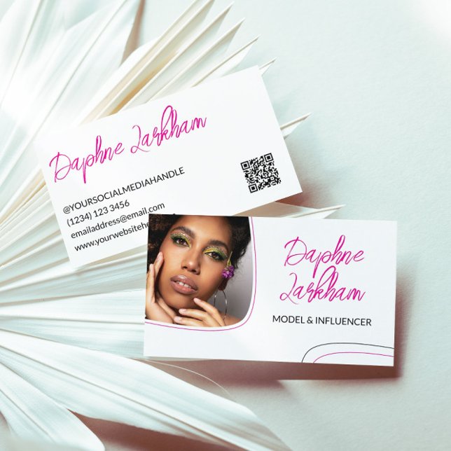Magenta Lines Photo Signature Script QR Code Business Card (Creator Uploaded)