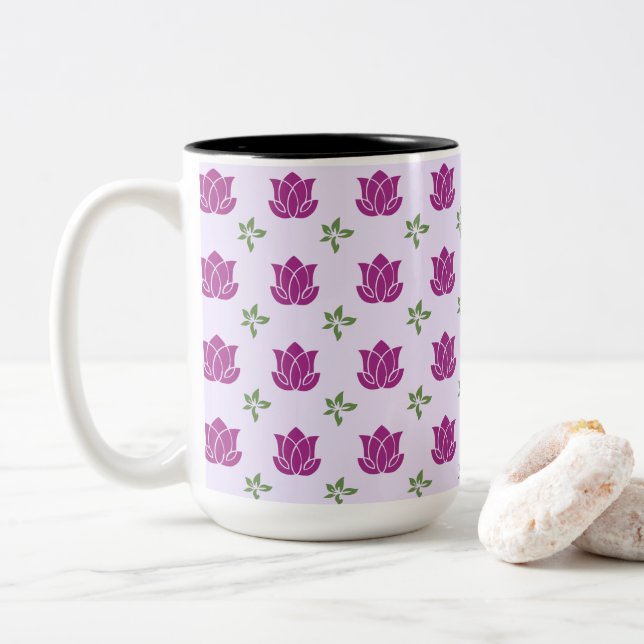 Magenta Lotus Garden Pattern Two-Tone Coffee Mug (With Donut)