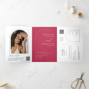 Magenta Modern Minimal Arch Photo QR Code Wedding Tri-Fold Invitation