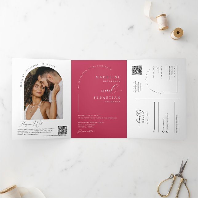 Magenta Modern Minimal Arch Photo QR Code Wedding Tri-Fold Invitation (Inside)