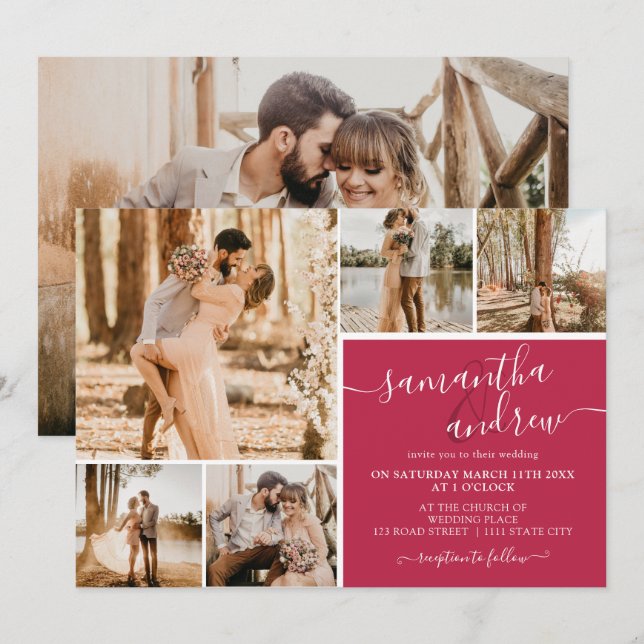 Magenta modern script 6 photos wedding invitation (Front/Back)
