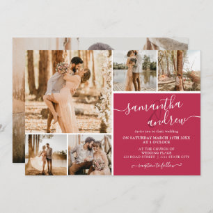 Magenta modern script 6 photos wedding invitation