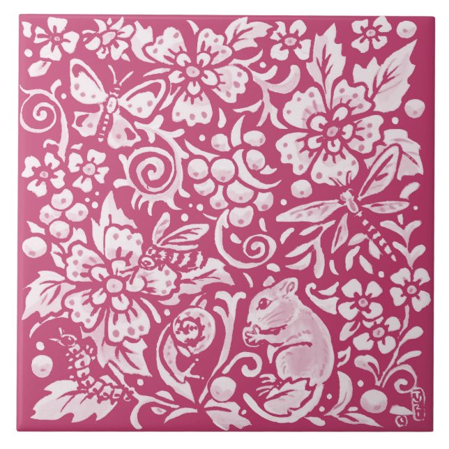 Magenta Mouse Snail Animal Nature Woodland Floral Tile (Front)