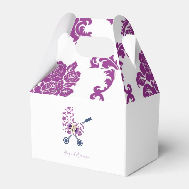 Magenta & Navy Damask Pram Baby Shower  Favor Box (Front Side)