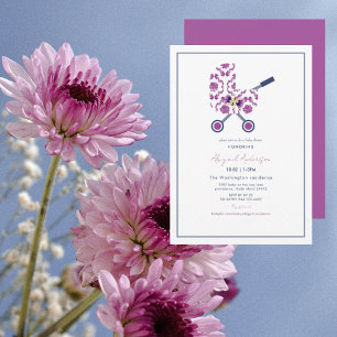Magenta & Navy Damask Pram  Baby Shower  Invitation