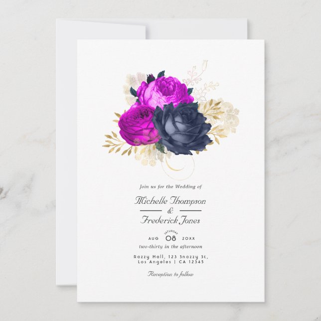 Magenta Navy et Gold Floral Faire-part de mariage (Devant)
