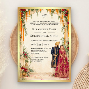 Magenta Navy Marigold Floral Arch Sikh Wedding Invitation