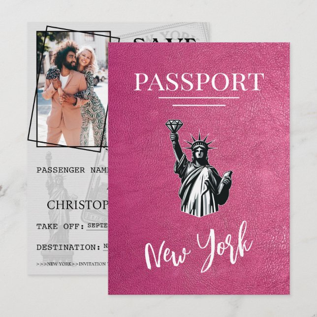 Magenta New York City Passport Save The Date (Front/Back)