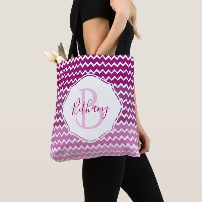 Magenta Ombre Chevron Personalized Tote Bag (Close Up)