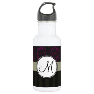 Magenta on Black Damask with Stripes and Monogram 532 Ml Water Bottle