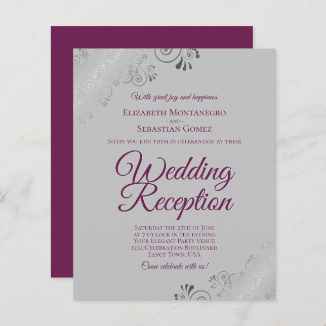 Magenta on Grey BUDGET Wedding Reception Invite (Front/Back)