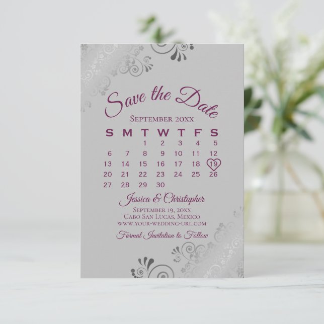 Magenta on Grey Silver Curls Wedding Calendar Save The Date (Standing Front)