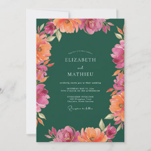 Magenta Orange Peony Wedding Invitation