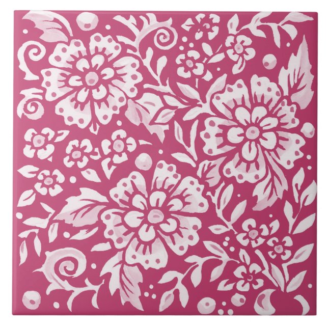 Magenta Ornate Floral Large Flower Leaf Berry Tile (Front)