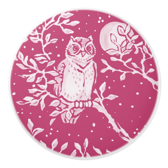 Magenta Owl in Tree Moon Forest Woodland Nature Ceramic Knob (Front)