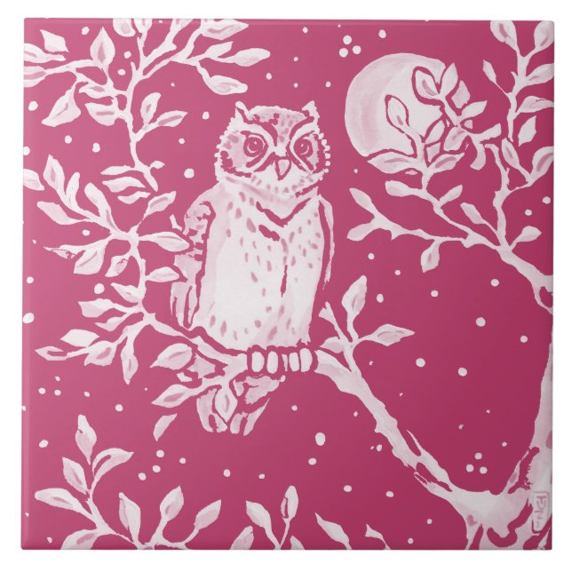 Magenta Owl Night Moon Animal Nature Woodland  Tile (Front)