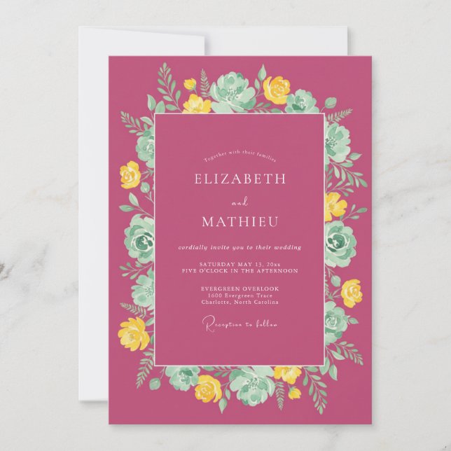 Magenta Painterly Floral Bloom Wedding Invitation (Front)