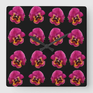 Magenta Pansies On Black, Square Wall Clock