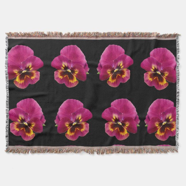 Magenta Pansies On Black, Throw Blanket (Front)