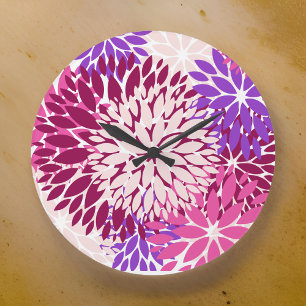 Magenta Peach Burgundy and Purple Stylized Dahlias Large Clock