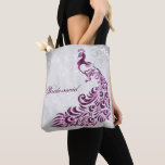 Magenta Peacock Leaf Vine Bridesmaid Tote<br><div class="desc">Personalize a all over print bag for your bridesmaids with a Magenta Peacock Leaf Vine Bridesmaid's Tote Bag. Tote design features a light grey grunge background with a vibrant magenta peacock with a leaf vine embellishment. Personalize with the bridesmaid's name or keep the bridesmaid title. Additional wedding stationery and gifts...</div>