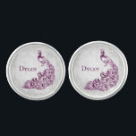 Magenta Peacock Leaf Vine Cuff Links<br><div class="desc">Personalize a unique for your wedding groomsmen with a set of Magenta Peacock Leaf Vine Personalized Cuff Links. Cuff link design features a light grey grunge background with a vibrant magenta peacock with a leaf vine embellishment. Personalize with the groomsmen's name. Additional wedding stationery available with this design as well....</div>
